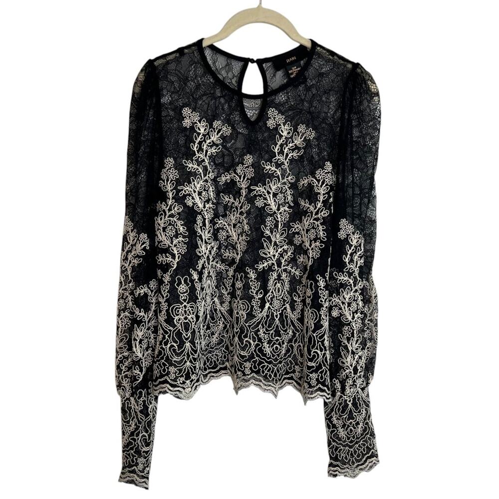 RAIN Womens Lace Whimsigoth Top Size Small Black Embroidered Flowers Sheer Fairy